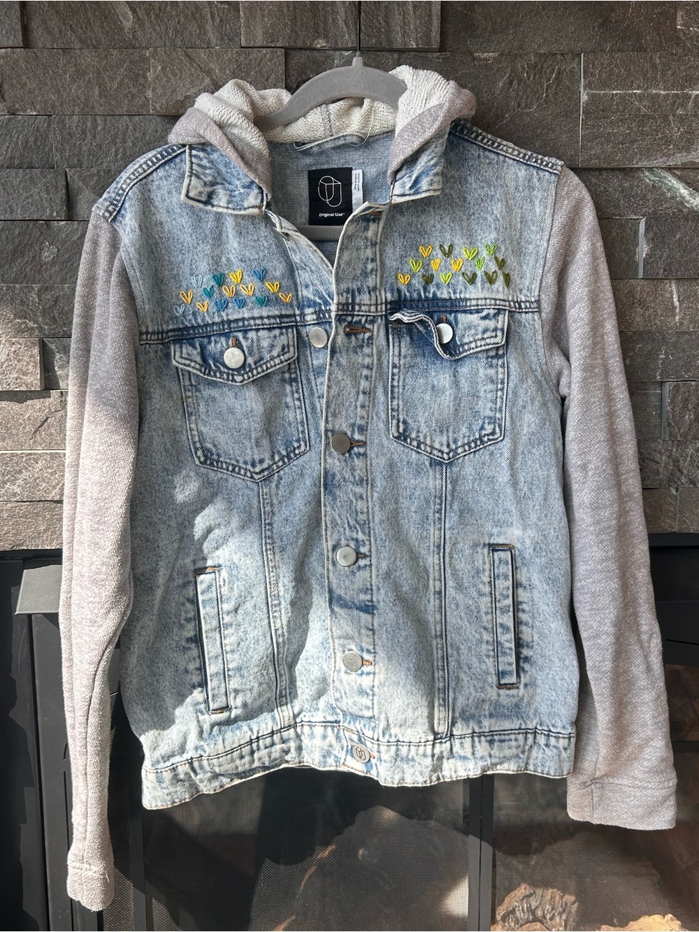One-of-a-kind Reworked Denim Hoodie Jacket w/ Hand Embroidery